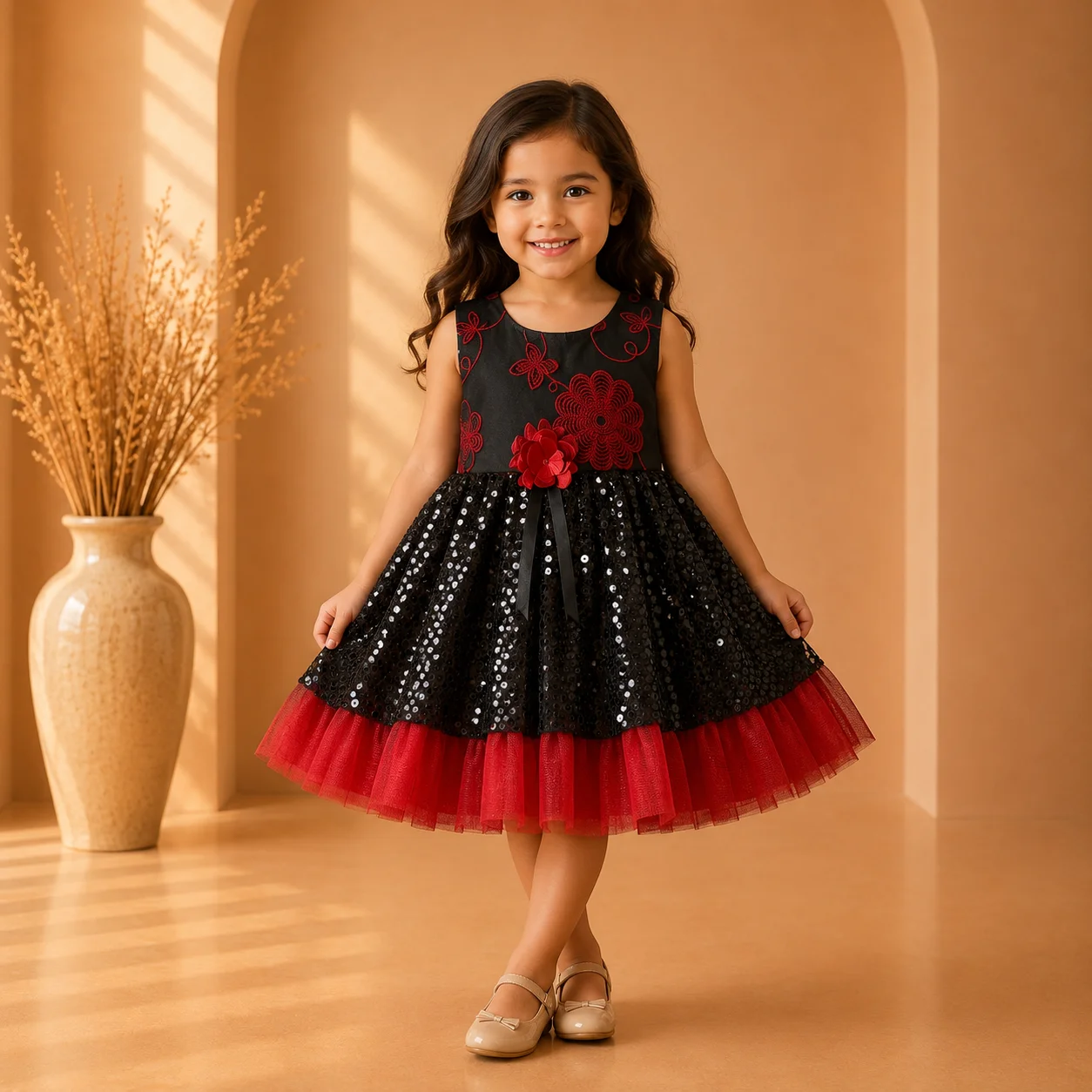 Cute Black Net Tulle Dress with Red Flower Detail Cute Black Net Tulle Dress with Red Flower Detail