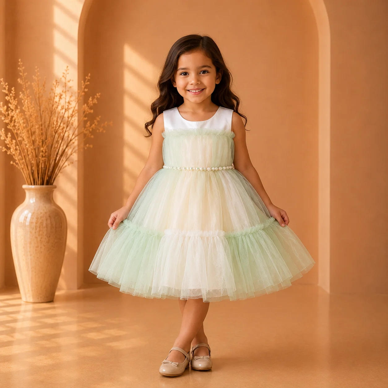 Luxury Pearl Waist Layered Net Dress for Girls Luxury Pearl Waist Layered Net Dress for Girls