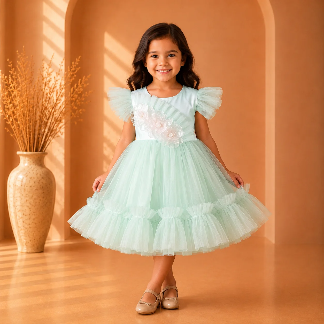 Cute Mint Frill Sleeve Party Dress for Girls Cute Mint Frill Sleeve Party Dress for Girls
