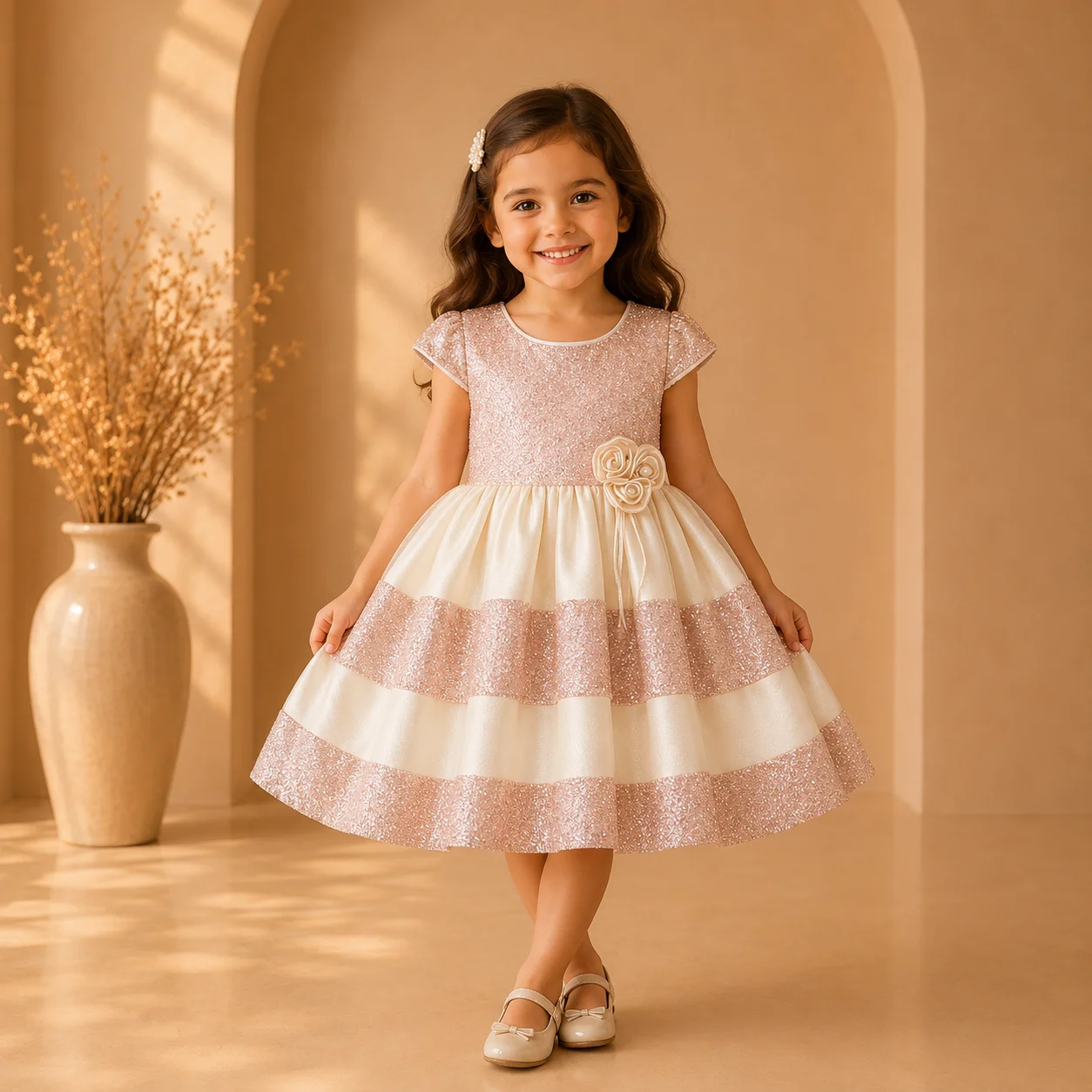 Luxury Shimmer Baby Frock with Floral Waist Luxury Shimmer Baby Frock with Floral Waist