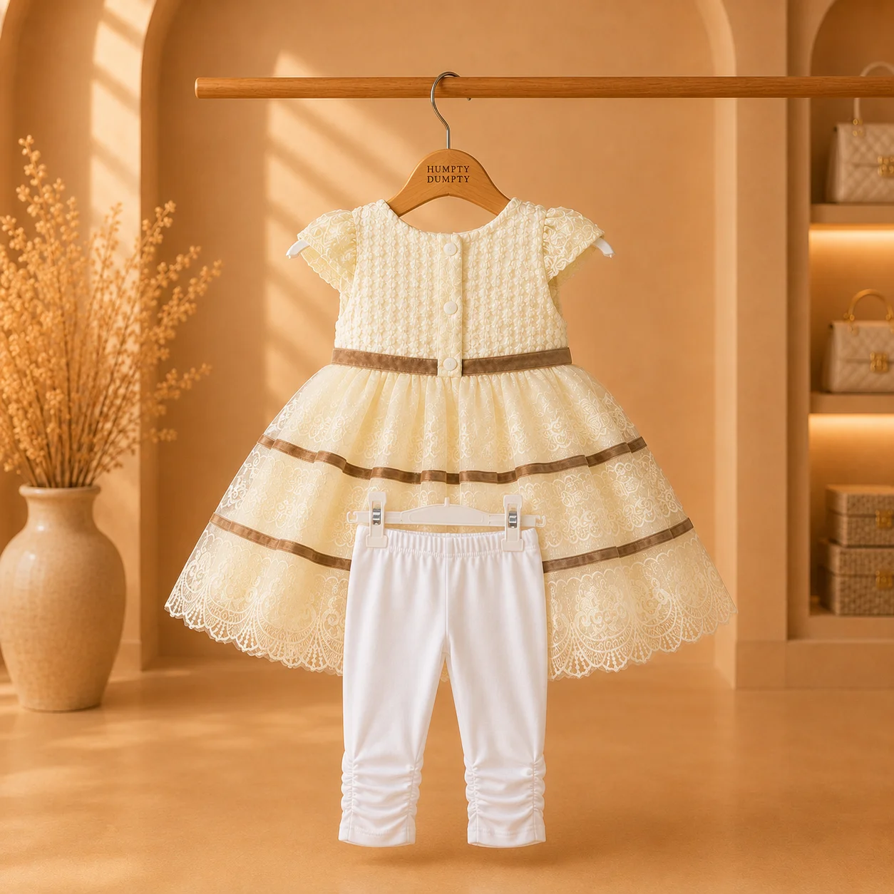 Elegant Cream Princess Frock with Floral Brooch Elegant Cream Princess Frock with Floral Brooch