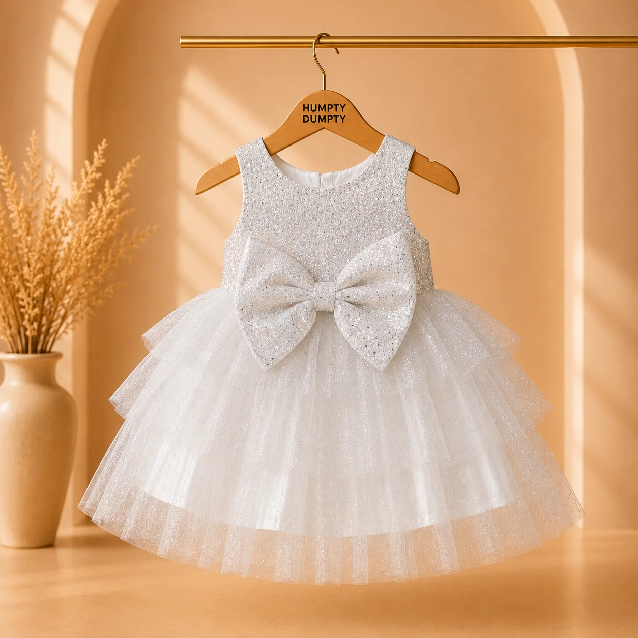 Beautiful white baby girl frock featuring glitter shimmer fabric, layered soft net skirt, and an elegant oversized bow. Perfect for birthdays, weddings, Eid, and special occasions.