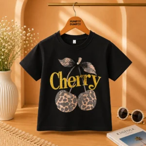 Girls Stylish Black Cherry Print Casual T-Shirt