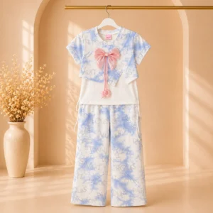 Elegant Girls Tie-Dye Wide Leg Co-Ord Set with Statement Bow