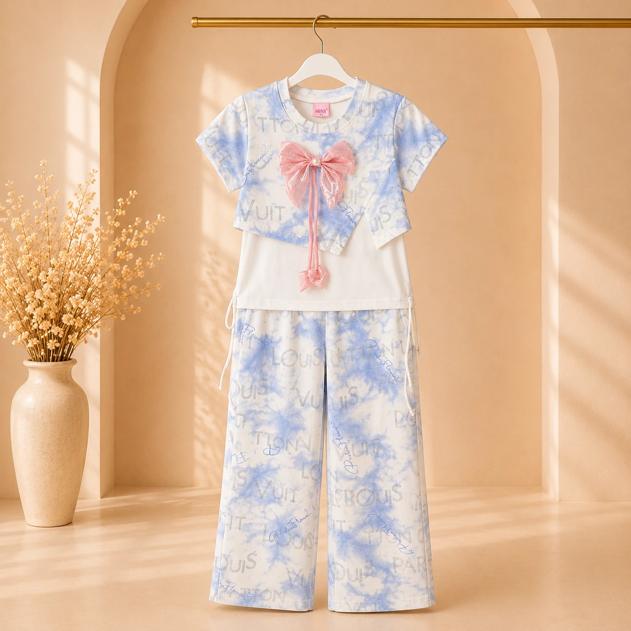 Elegant Girls Tie-Dye Wide Leg Co-Ord Set with Statement Bow Elegant Girls Tie-Dye Wide Leg Co-Ord Set with Statement Bow
