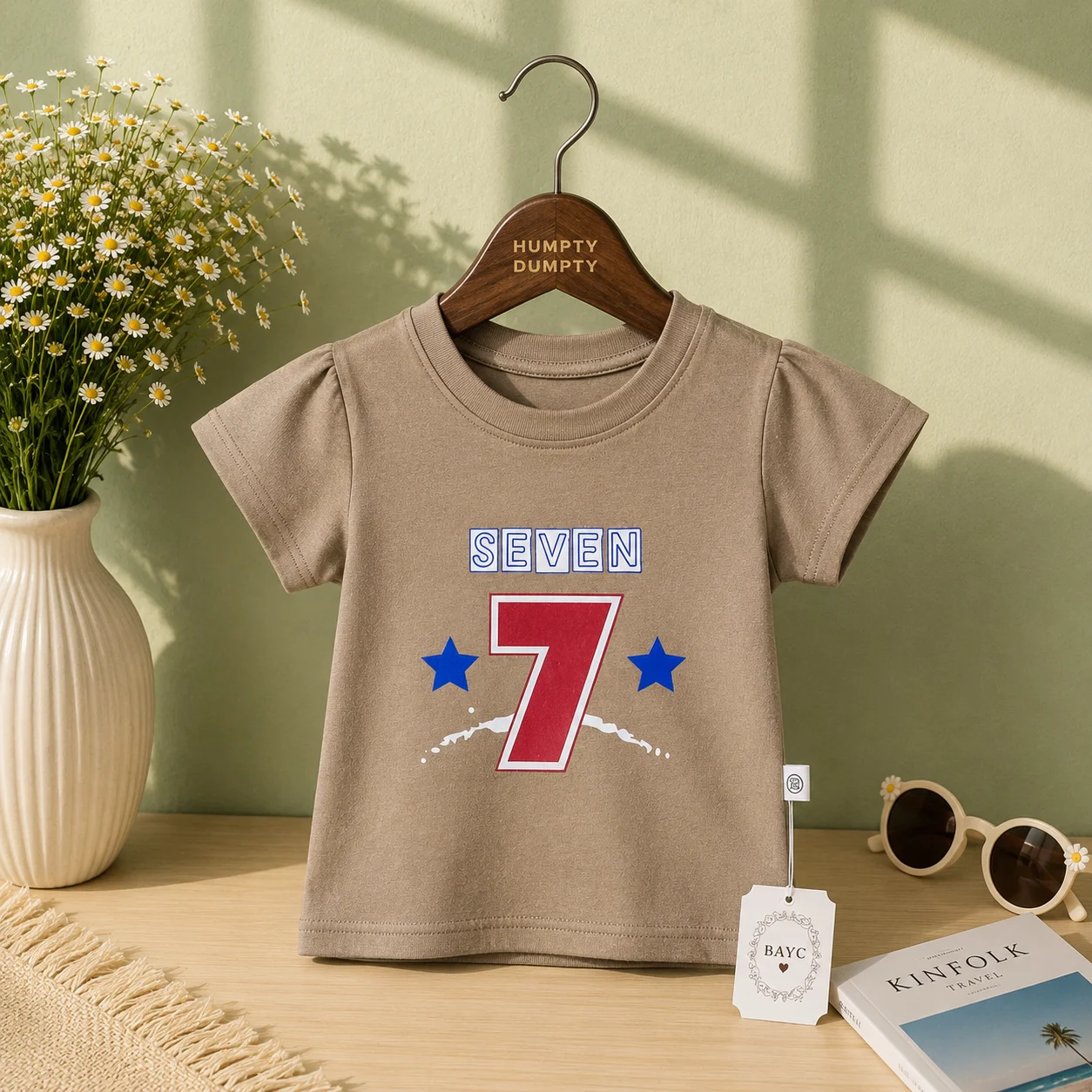 Girls Beige Lucky Number 7 Print Tee
