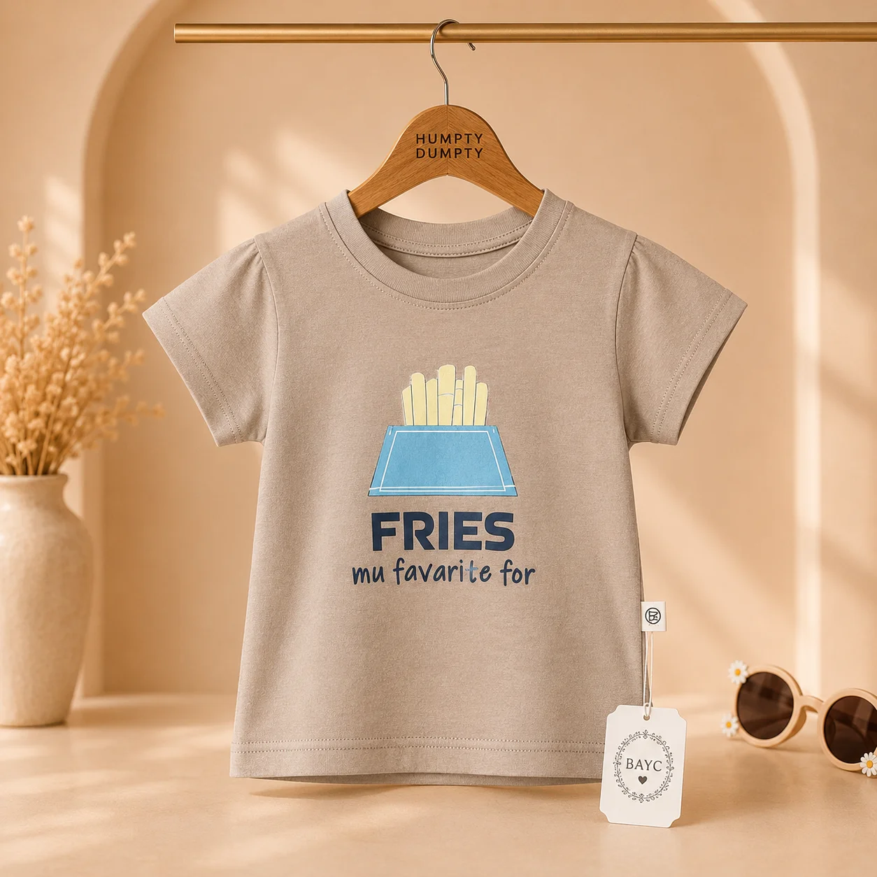Girls Cute Fries Print Beige Tee