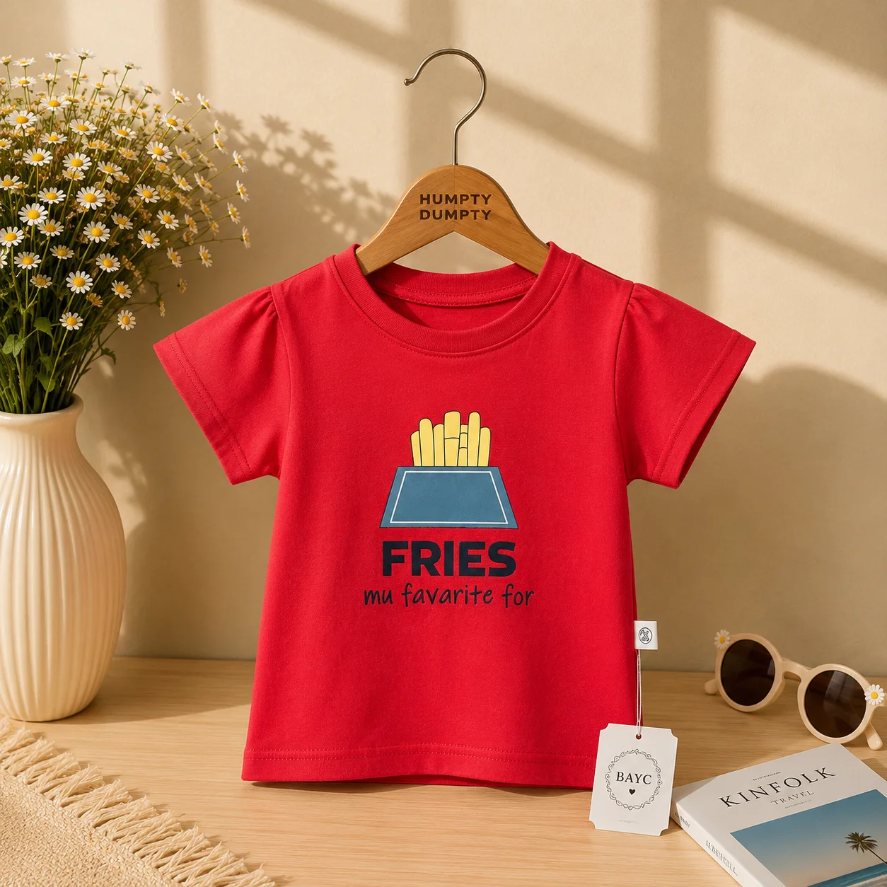 Girls Red Fries Print Casual Tee