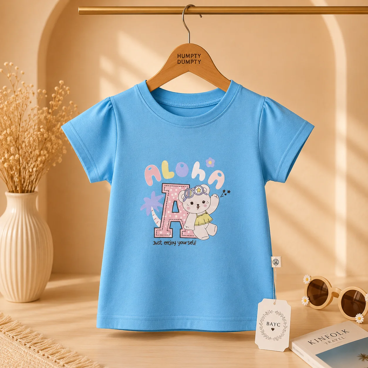 Girls Aloha Bear Print Sky Blue Tee