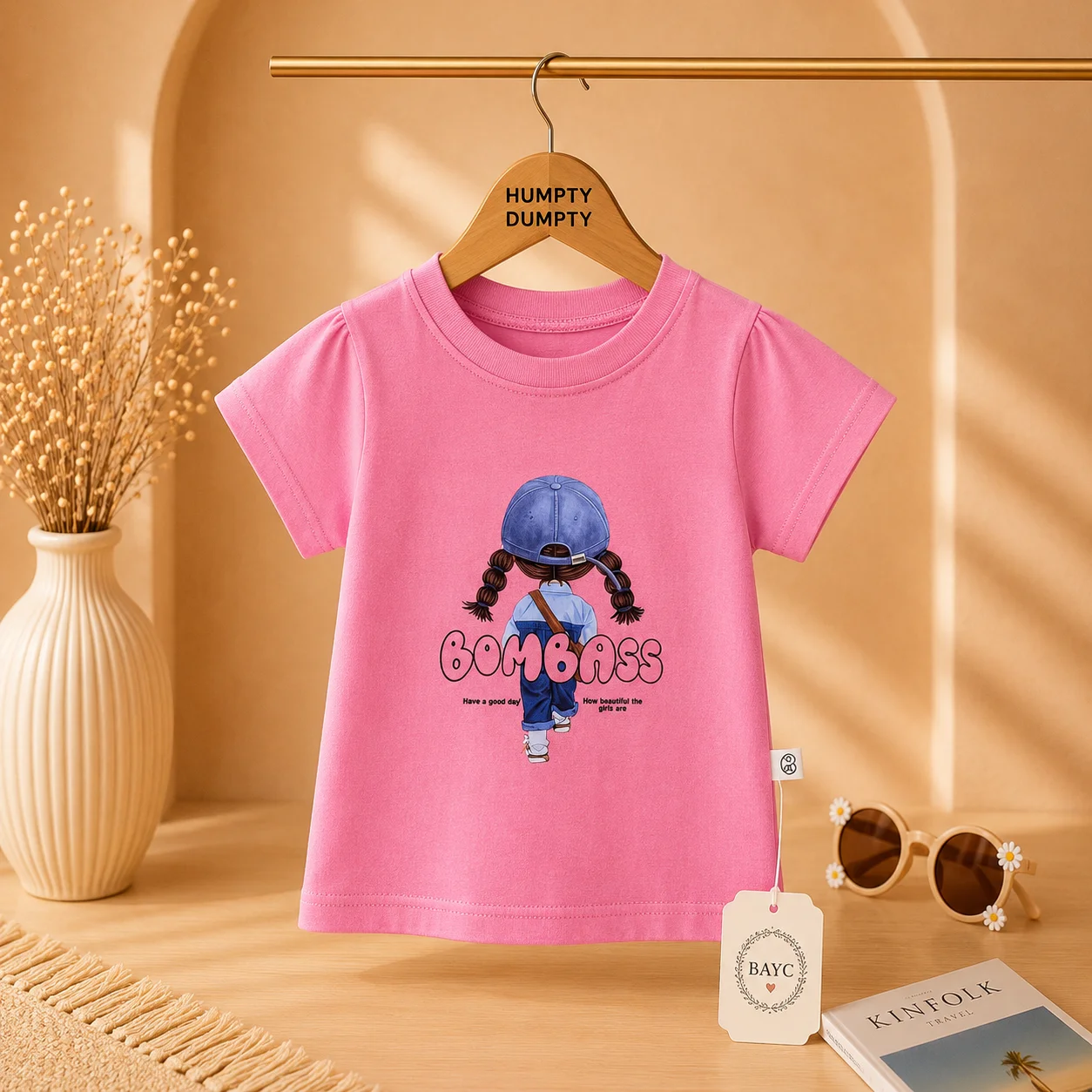 Girls Pink Cartoon Girl Print Casual Tee
