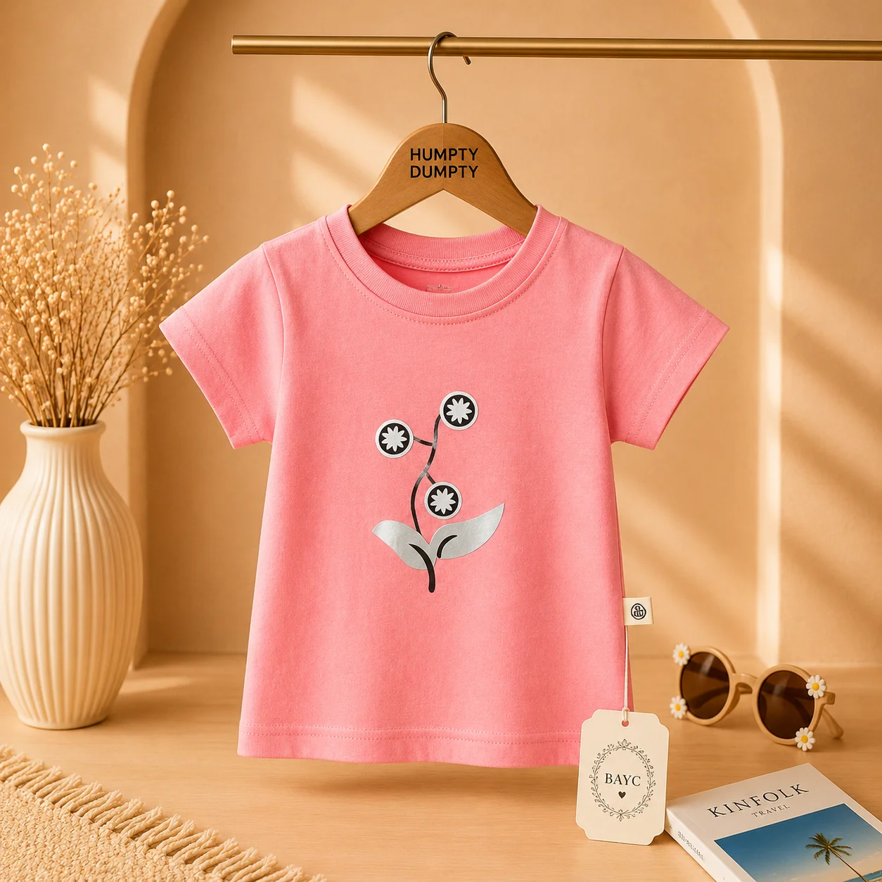 Girls Pink Flower Print Casual Tee