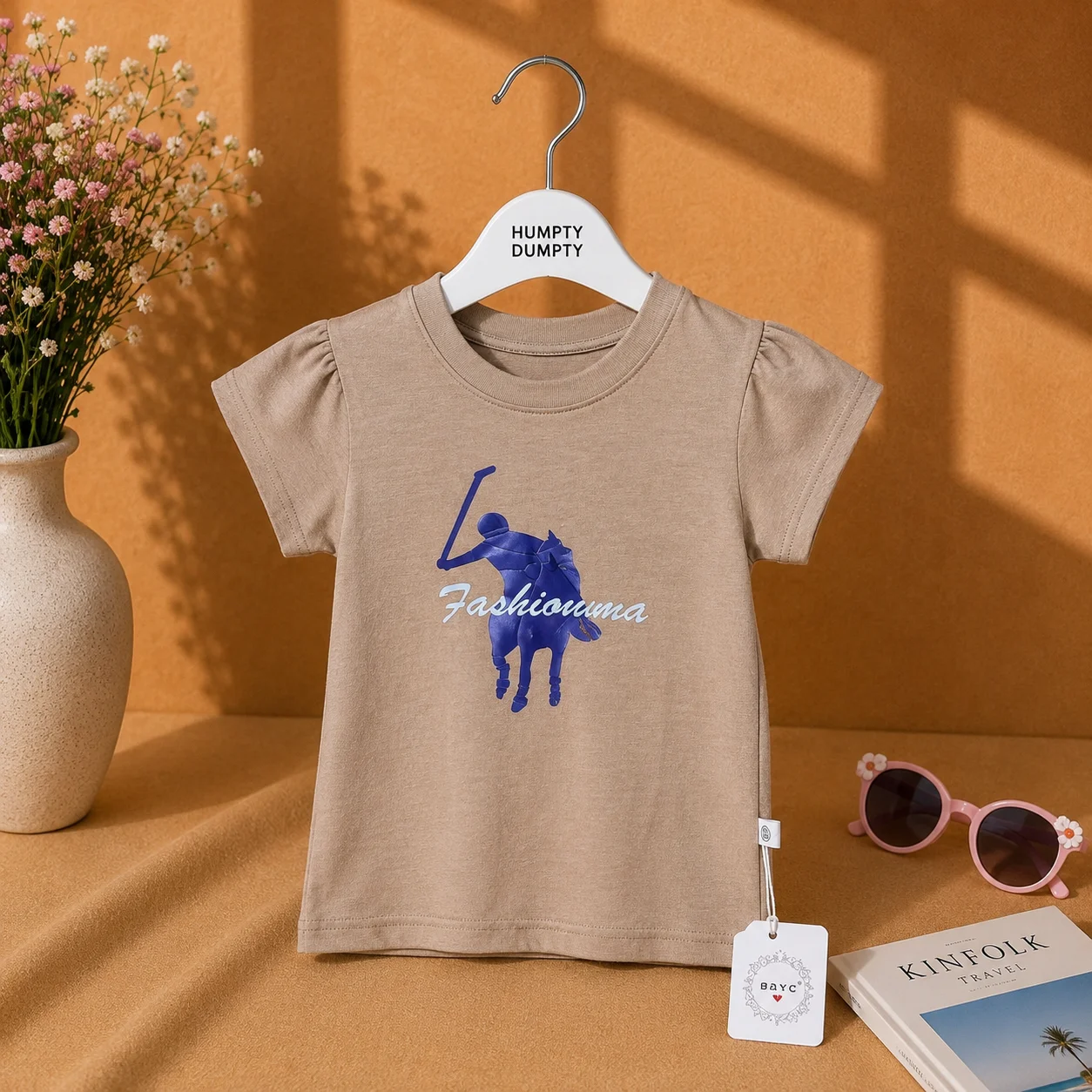 Girls Fashion Pony Print Beige Tee