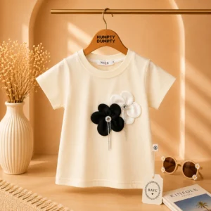 Girls Elegant Flower Applique Cream Tee