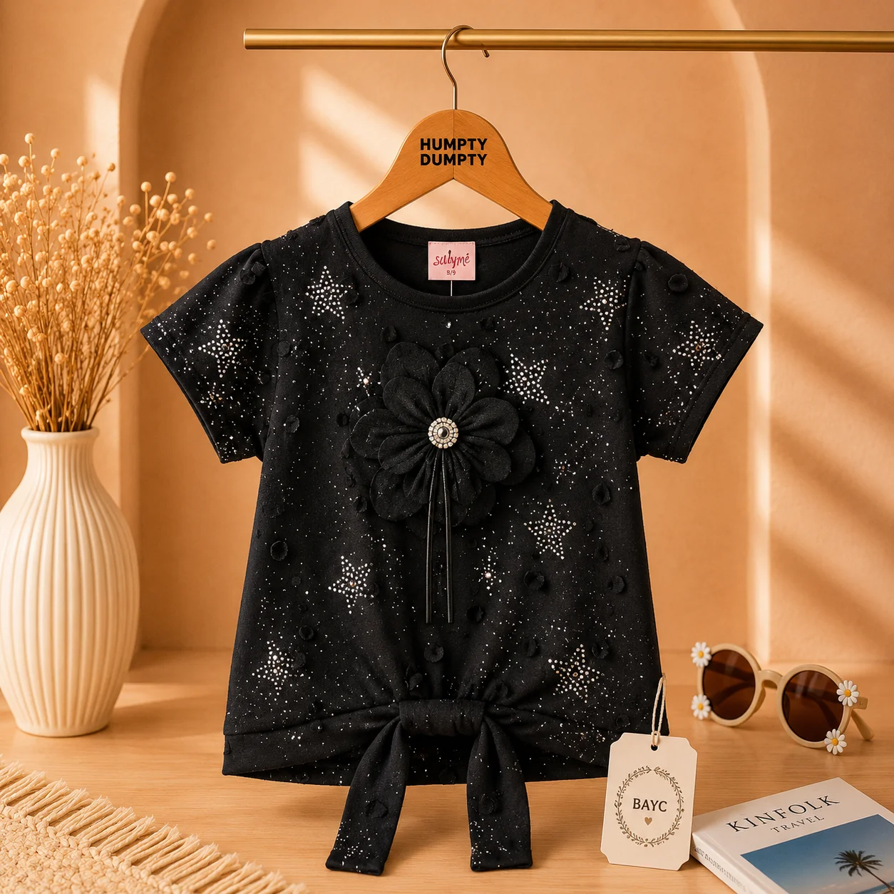 Girls Elegant Black Flower Applique Tie Top