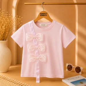Girls Elegant Pink Organza Bow Detail Tee