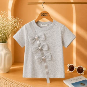 Girls Elegant Grey Pearl Bow Detail Tee