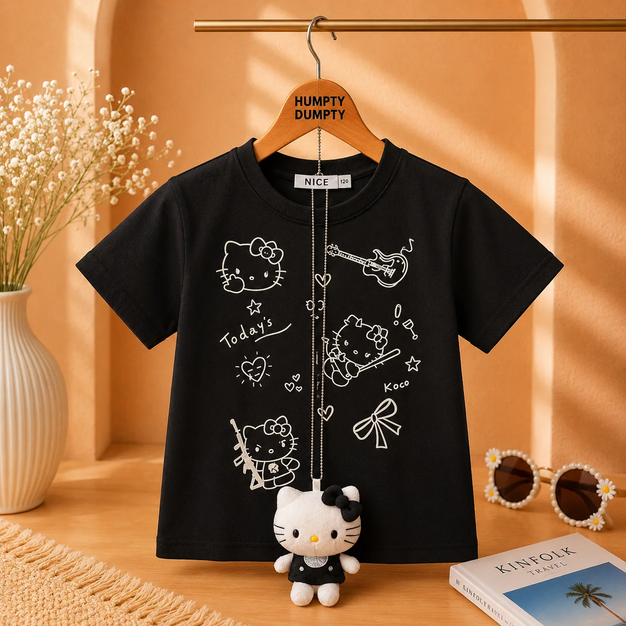 Girls Cute Hello Kitty Graphic Tee with Hanging Plush Charm