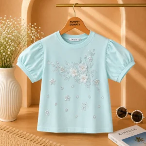 Girls Elegant Floral Pearl Embroidered Puff Sleeve Top