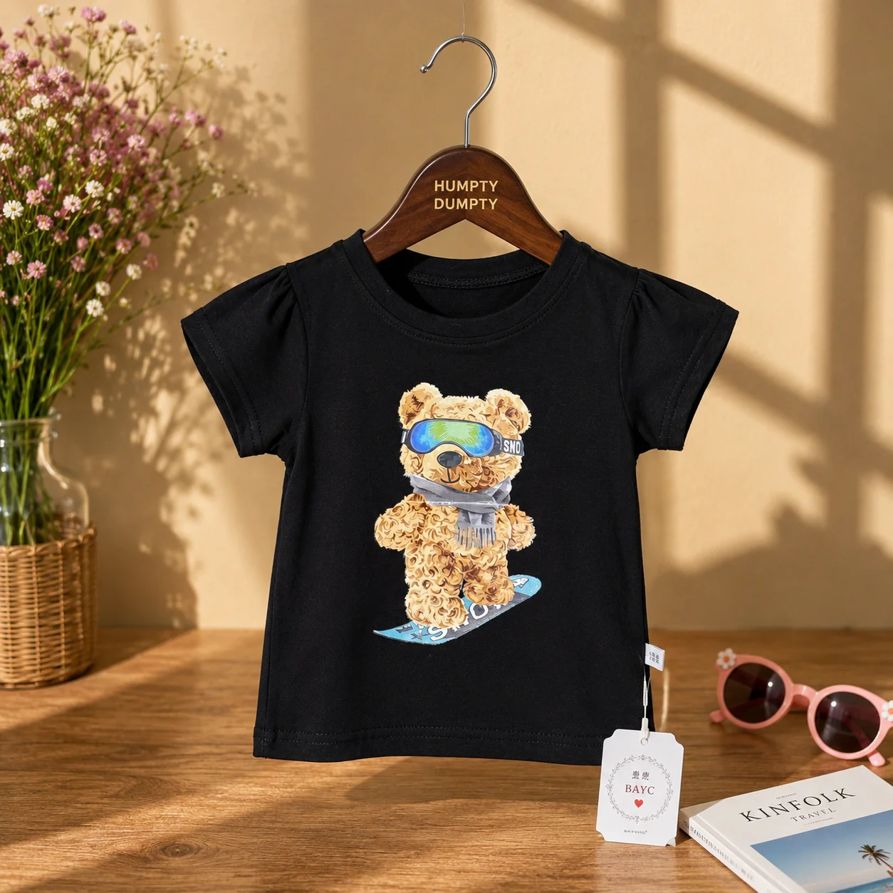 Cute Snowboard Bear Print Black Tee