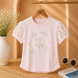 Girls Elegant Pink Lace Sleeve Party Wear T-Shirt