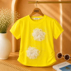Girls Bright Yellow 3D Floral Fashion T-Shirt