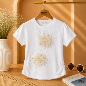 Girls Elegant White 3D Flower Designer T-Shirt