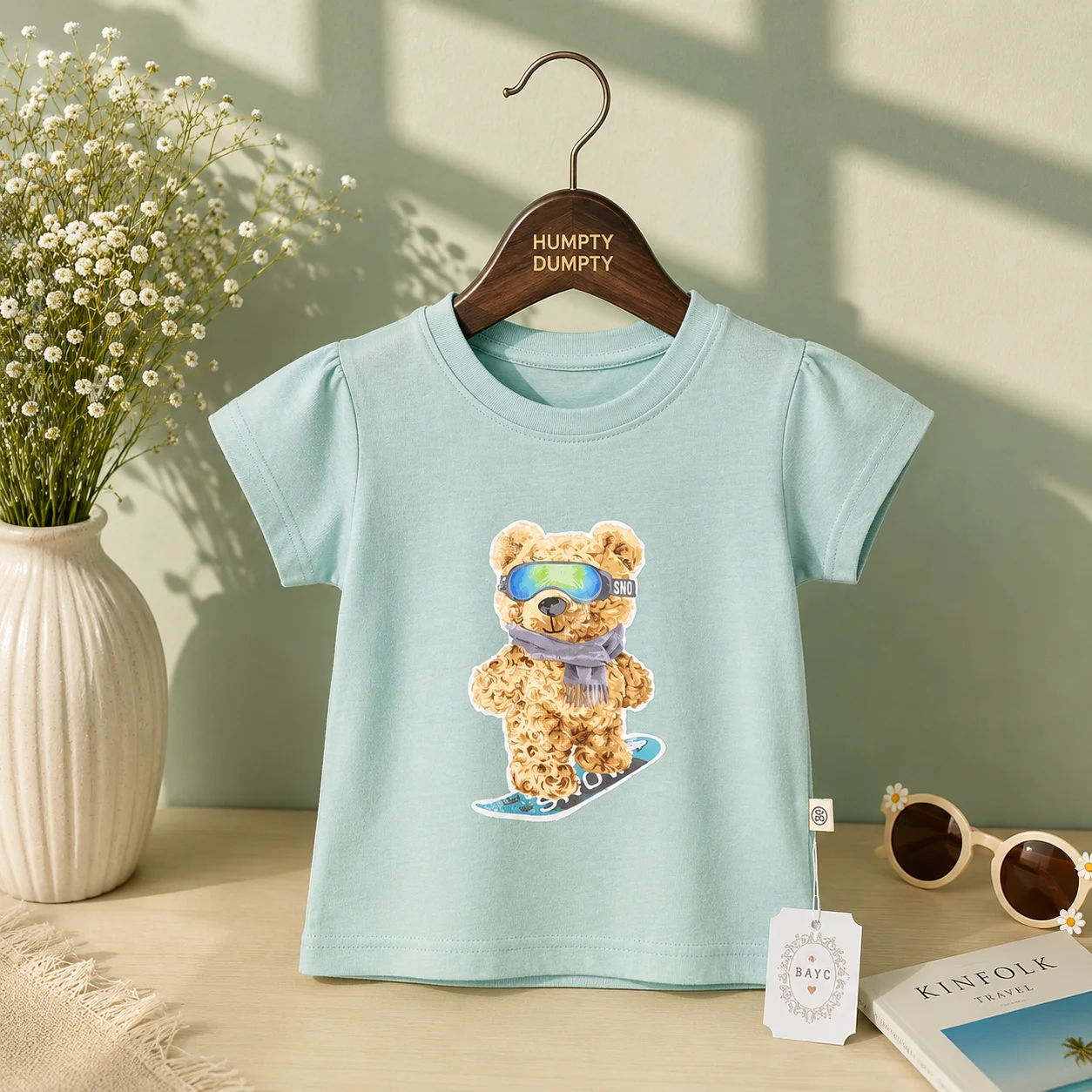 Cute Snowboard Bear Print Mint Green Tee