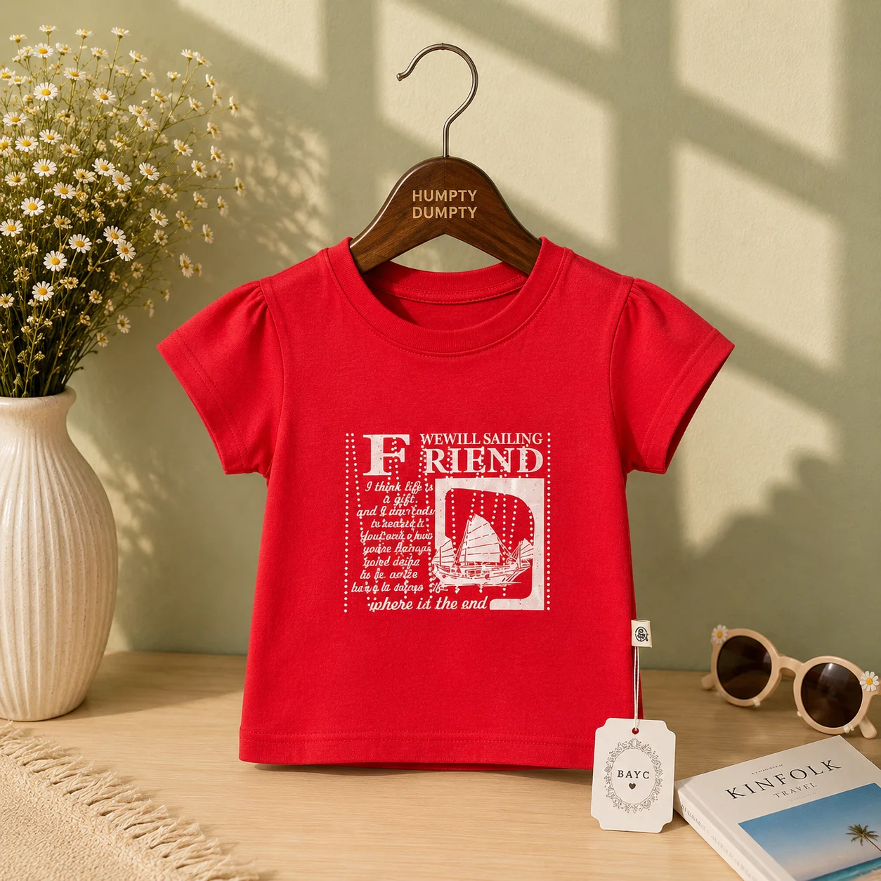 Girls Red Nautical Print Casual Tee
