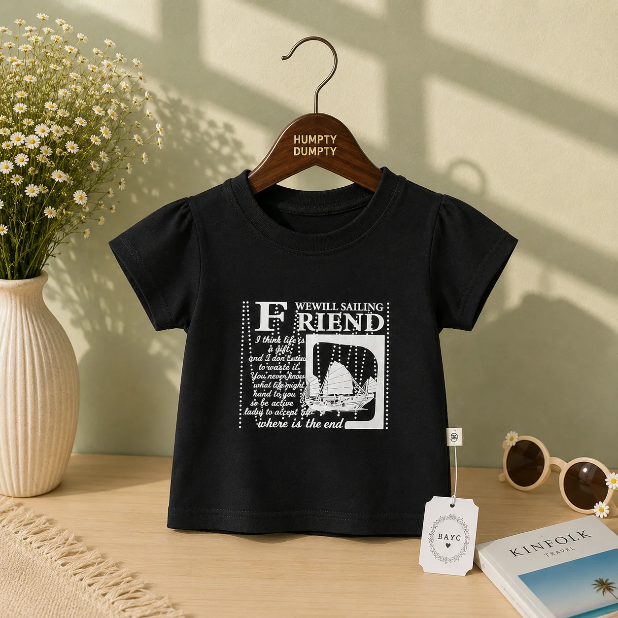 Girls Black Nautical Print Casual Tee