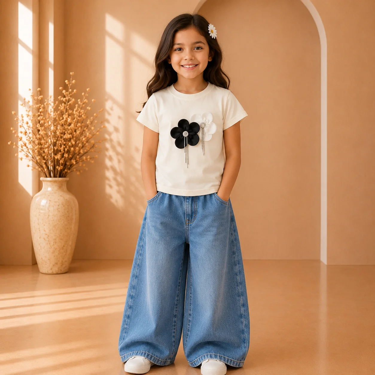 Girls Black & White Floral Embellished T-Shirt Girls Black & White Floral Embellished T-Shirt