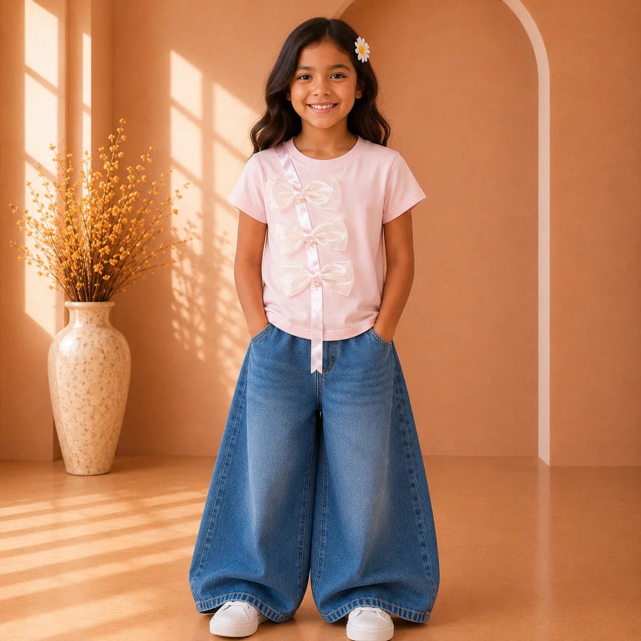 Girls Pearl Bow Embellished Casual Top Girls Pearl Bow Embellished Casual Top