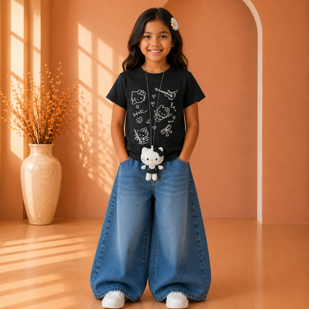 Girls Trendy Black Cartoon Print T-Shirt with Soft Toy Pendant Girls Trendy Black Cartoon Print T-Shirt with Soft Toy Pendant