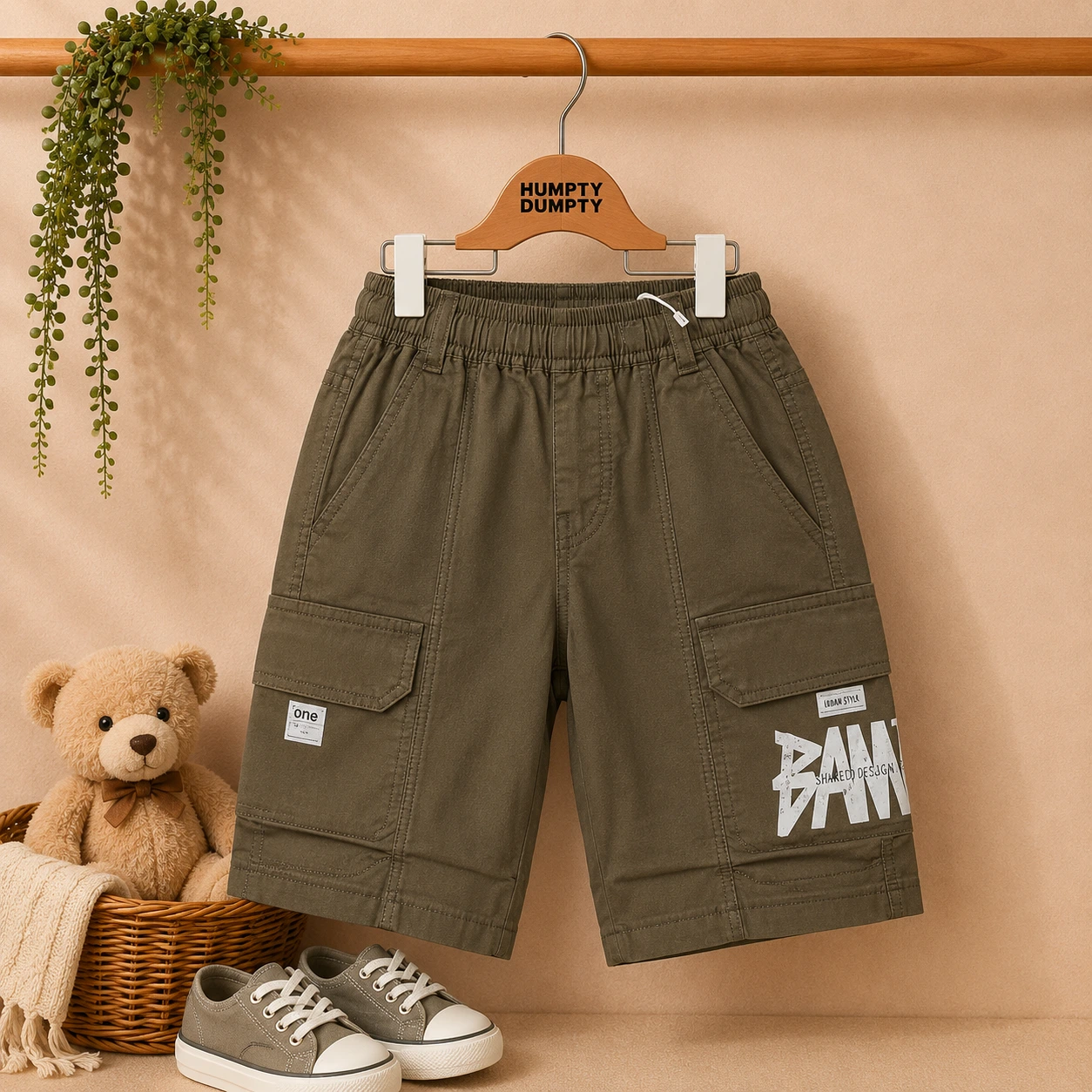 Boys Olive Green Multi-Pocket Cargo Shorts