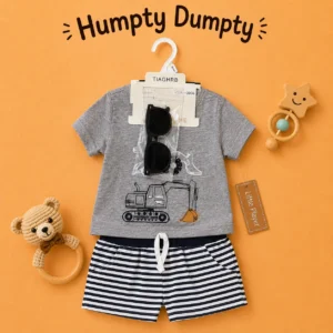 Boys Construction Vehicle T-Shirt & Striped Shorts Set with Sunglasses