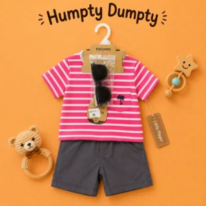 Girls Pink Striped T-Shirt & Shorts Set with Sunglasses