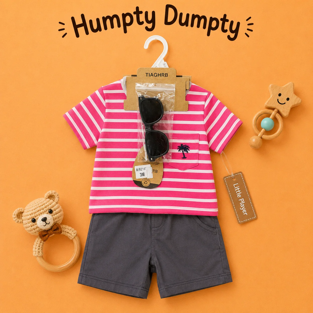 Girls Pink Striped T-Shirt & Shorts Set with Sunglasses