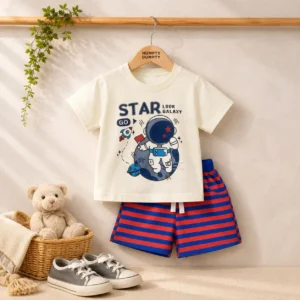 Boys Astronaut Graphic T-Shirt & Striped Shorts Set