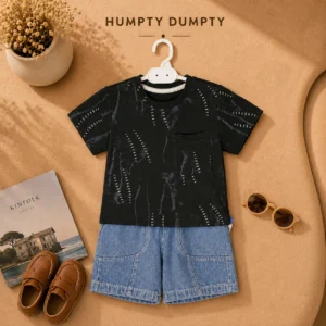 Boys Trendy Black Graphic T-Shirt with Denim Shorts