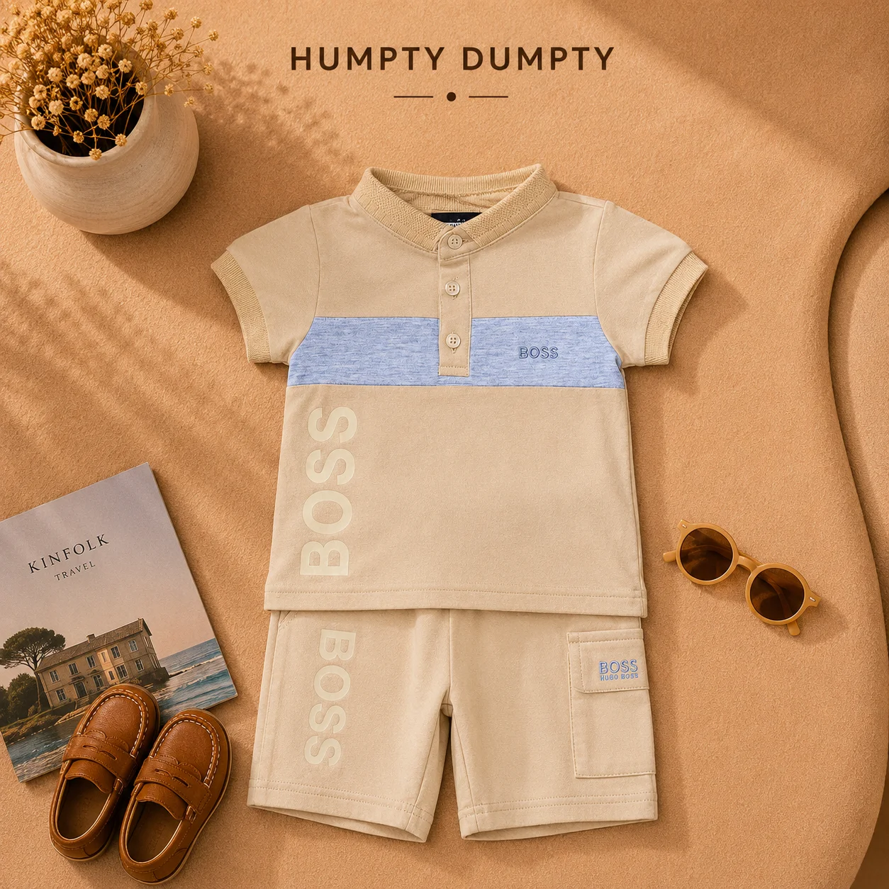 Boys Premium Beige Polo Shirt & Shorts Summer Set