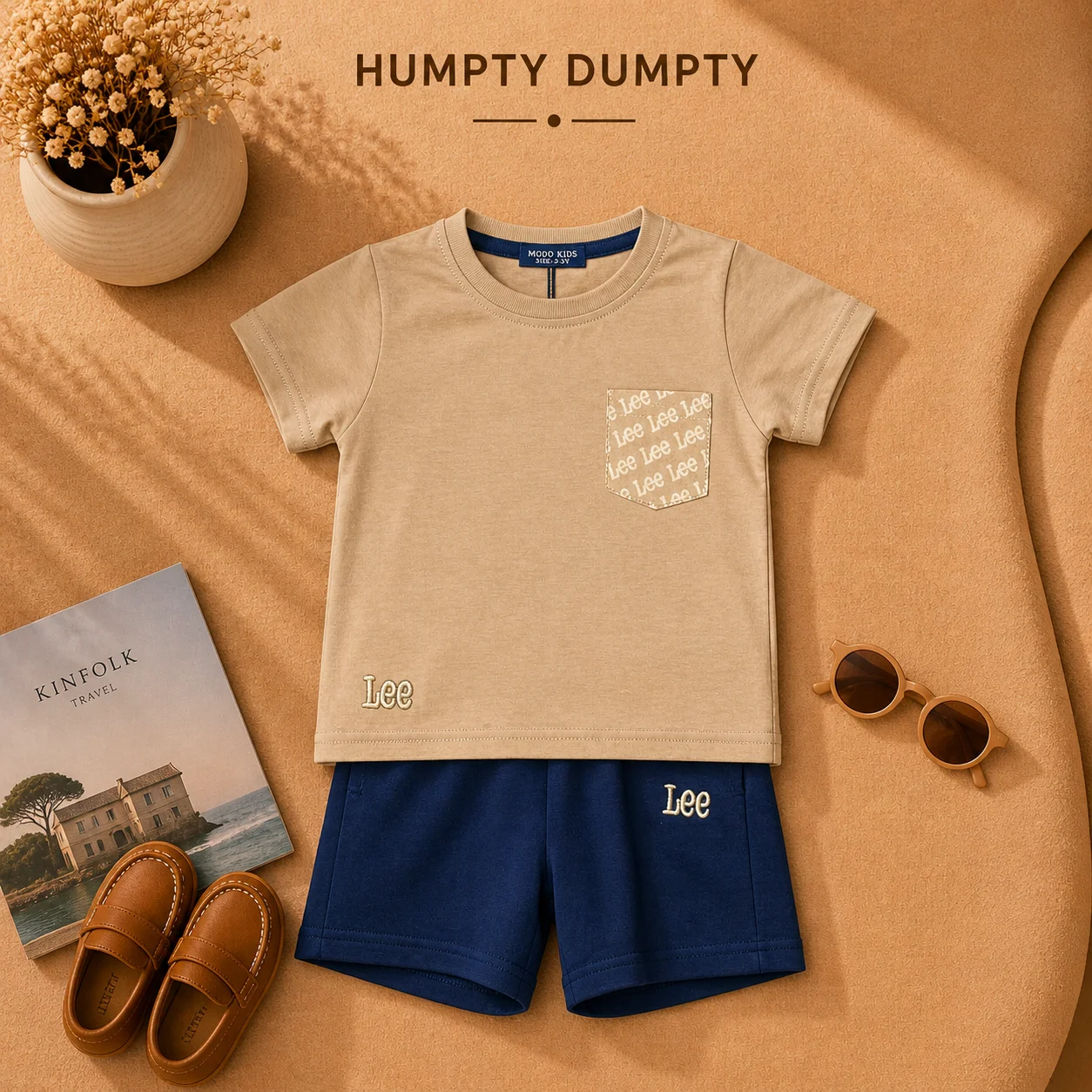 Boys Premium Beige Tee & Navy Shorts Summer Outfit