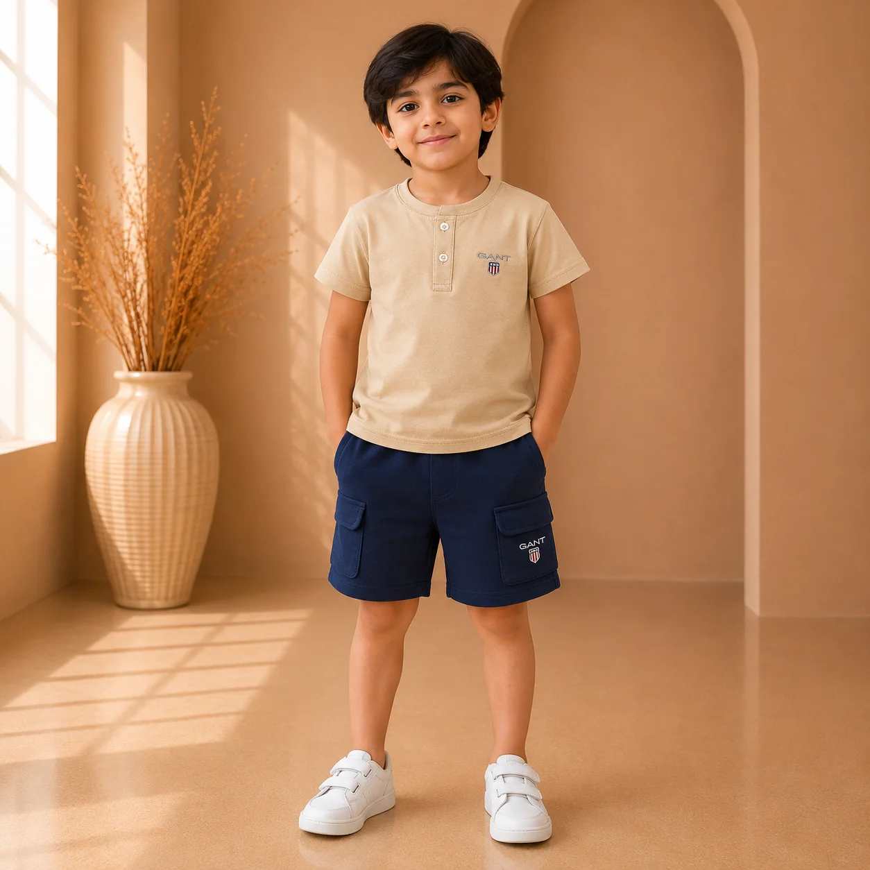 Boys Premium Henley Neck T-Shirt with Cargo Shorts Boys Premium Henley Neck T-Shirt with Cargo Shorts