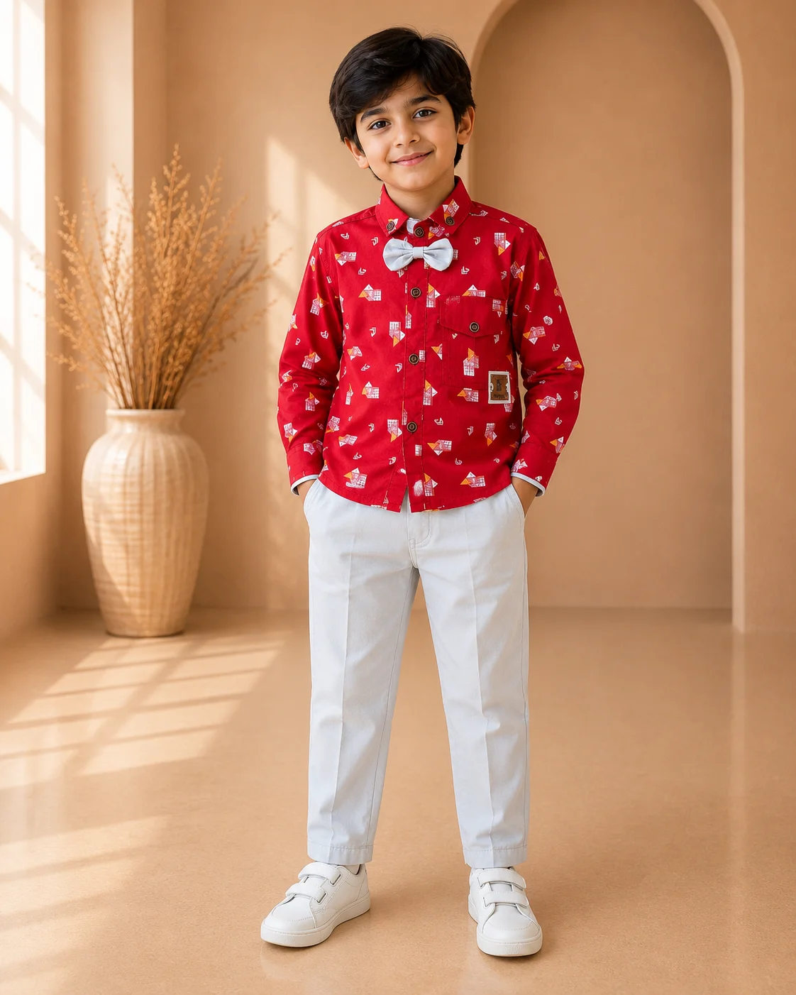 Boys Stylish Printed Shirt with Bow Tie Outfit Boys Stylish Printed Shirt with Bow Tie Outfit