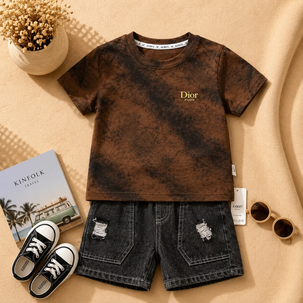 Boys Fashion Brown Acid Wash T-Shirt with Denim Shorts