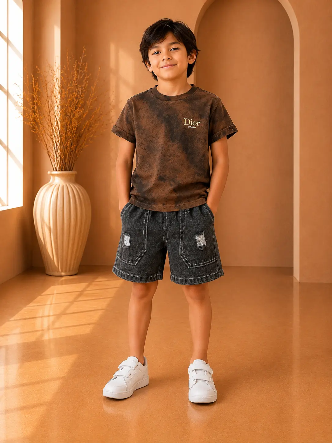Boys Casual Summer Co-Ord Set with Distressed Denim Shorts Boys Casual Summer Co-Ord Set with Distressed Denim Shorts