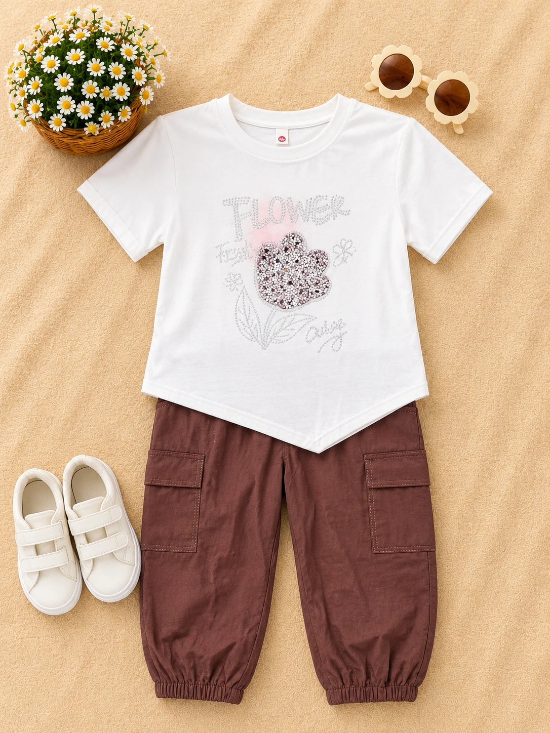 Girls Stylish Flower Print Top with Cargo Jogger Pants