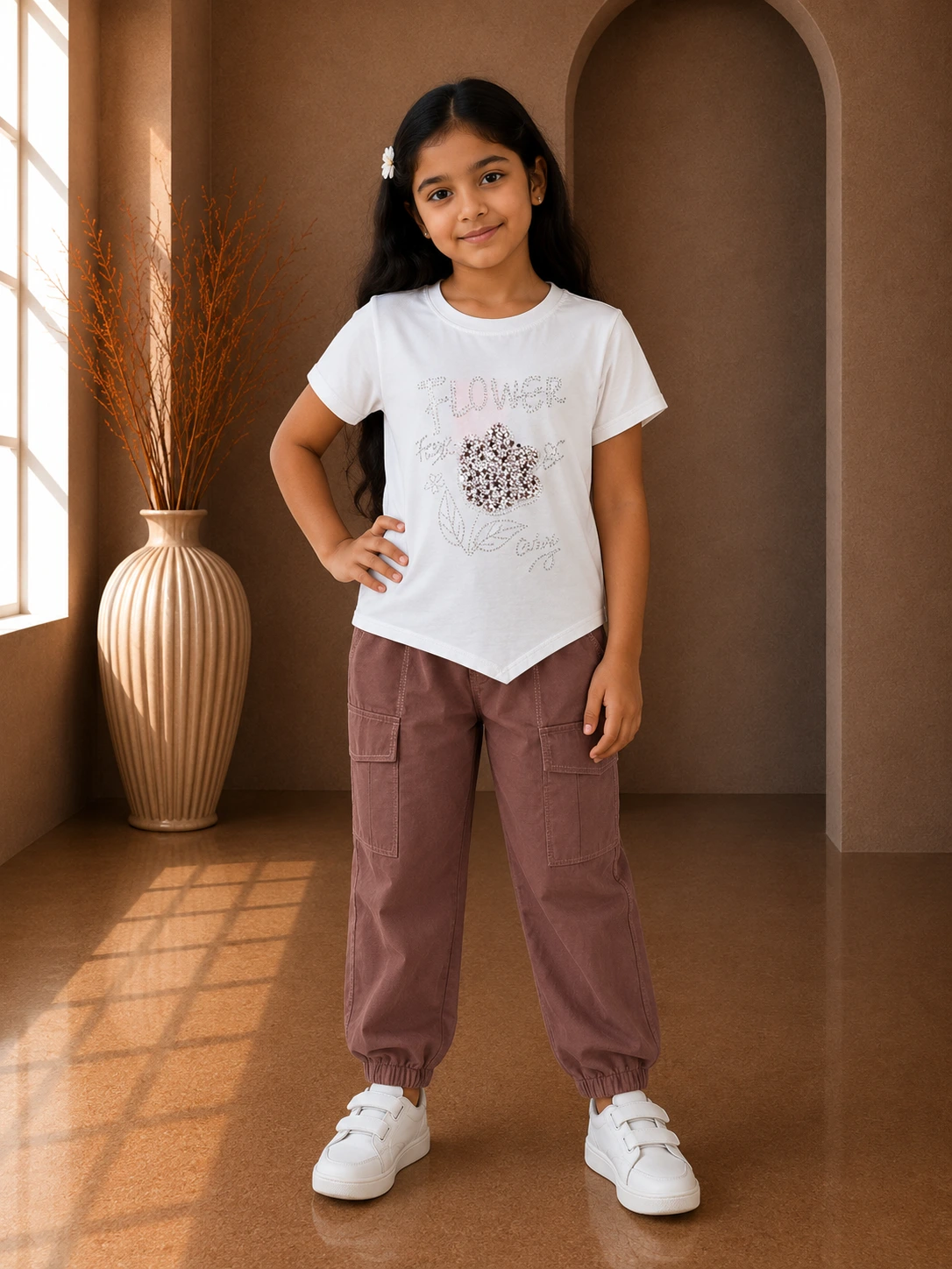 Girls Casual Fashion Co-Ord Set with Brown Cargo Trousers Girls Casual Fashion Co-Ord Set with Brown Cargo Trousers