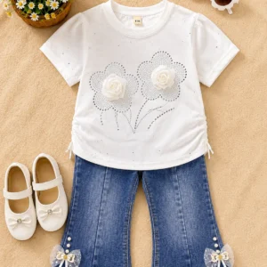 Girls Elegant Flower Pearl Denim Outfit Set