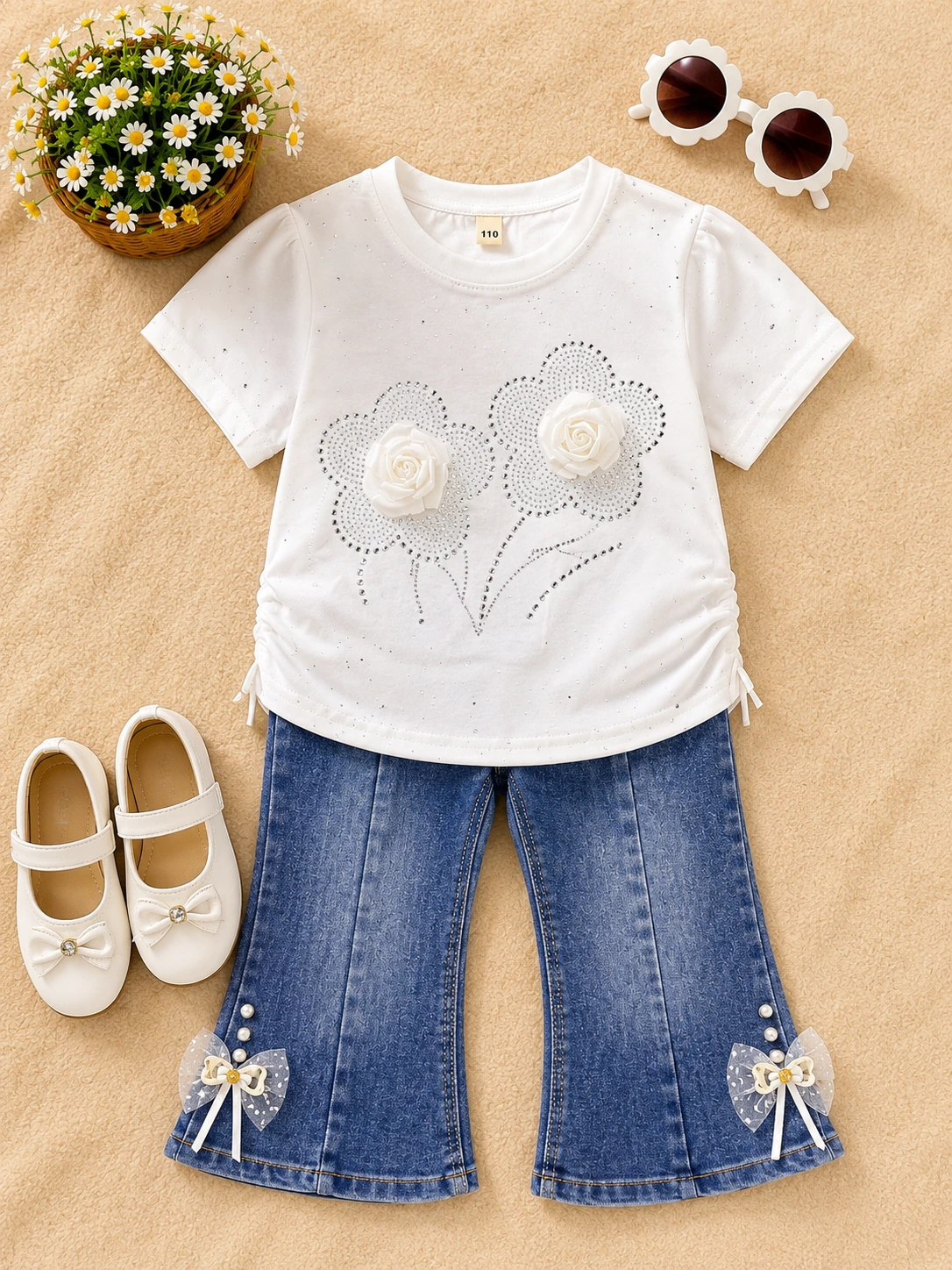 Girls Elegant Flower Pearl Denim Outfit Set