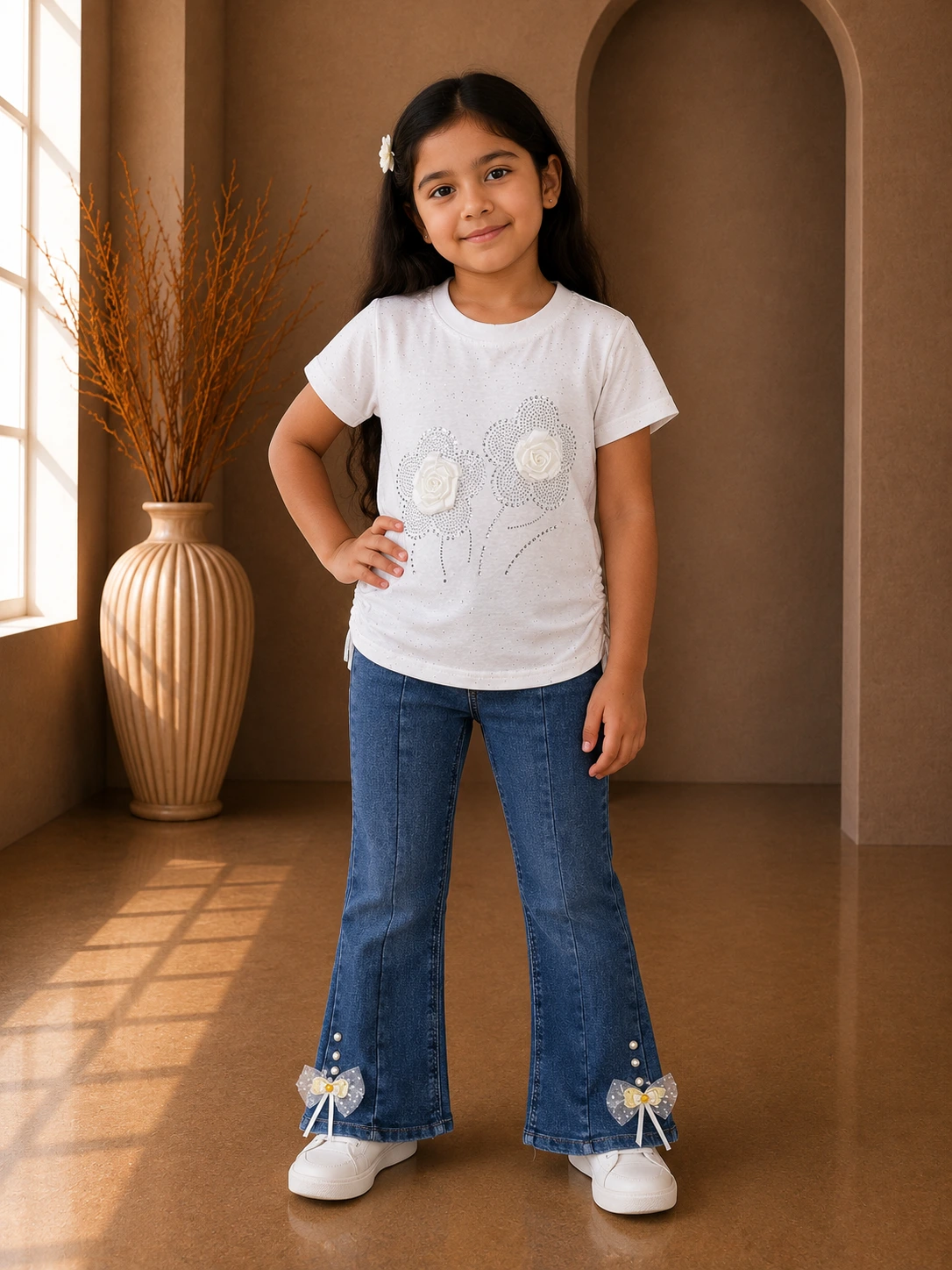 Girls Fancy Floral Top with Bell Bottom Jeans Girls Fancy Floral Top with Bell Bottom Jeans