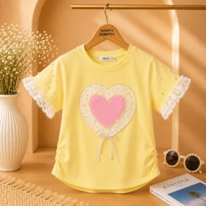 Girls Yellow Heart Applique Lace Sleeve Fashion Top